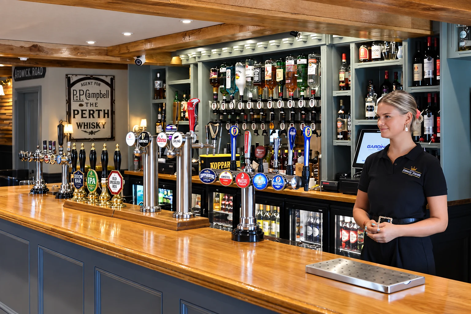 The wooden bar, beer taps and staff at The Kings Head Inn