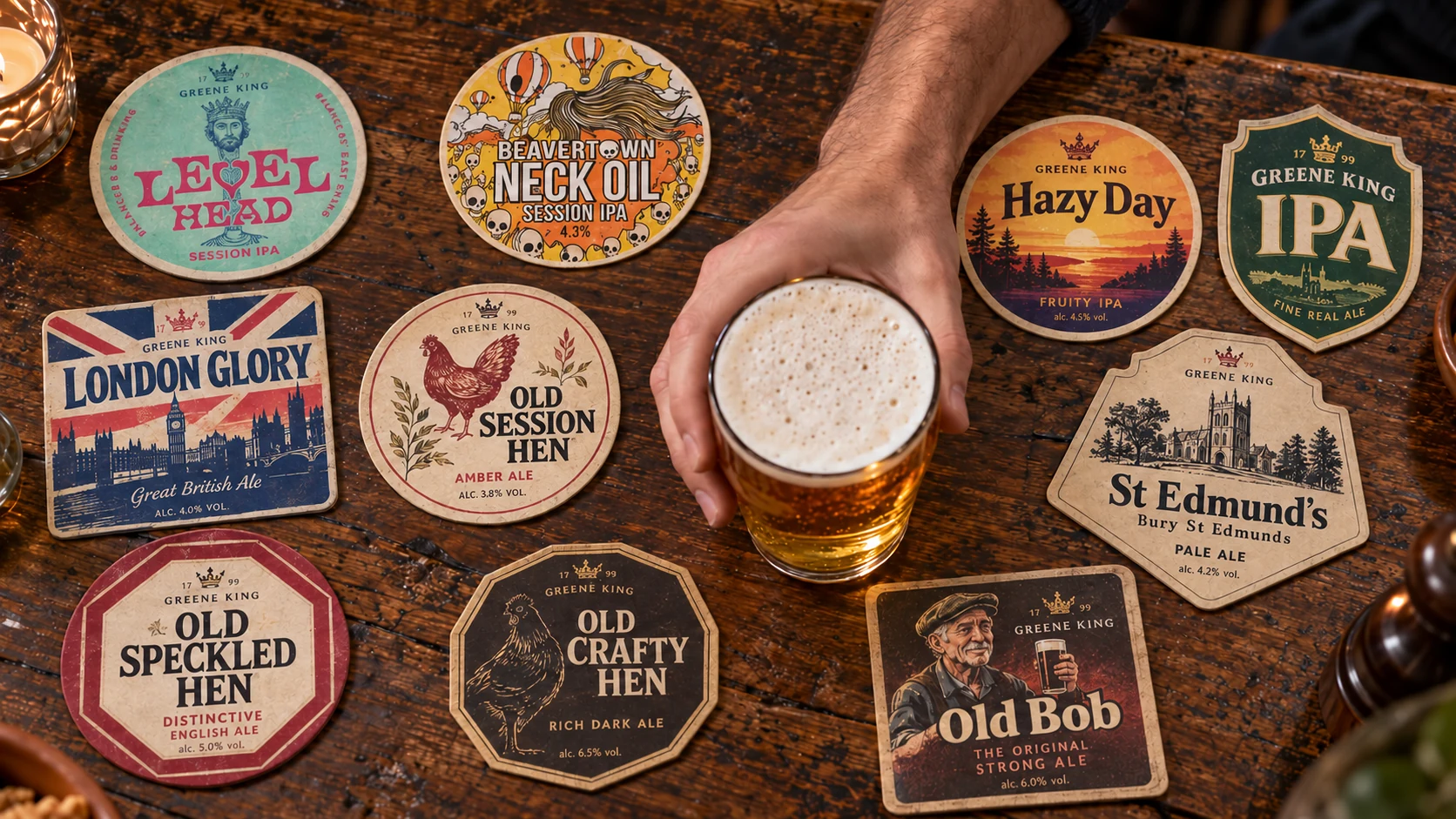 A pint surrounded by ten illustrated beer coasters on a wooden pub table