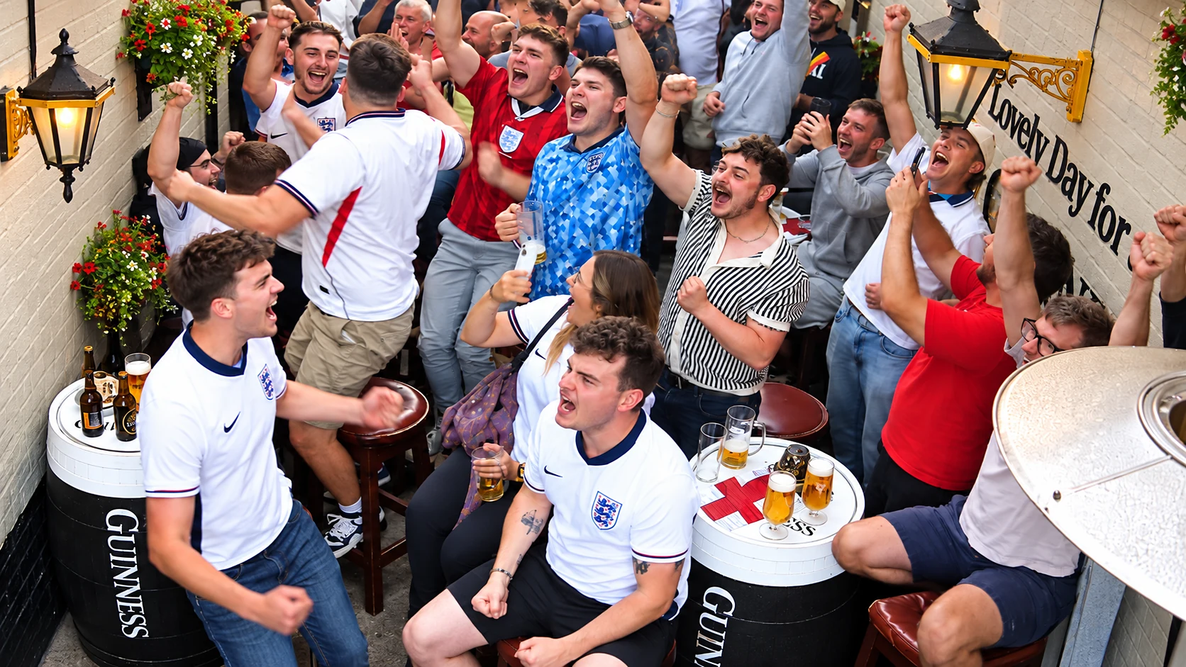Supporters cheering together at the pub